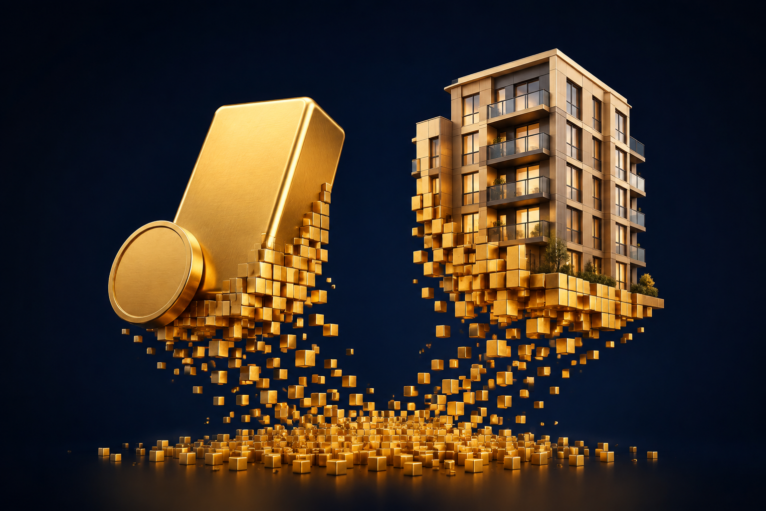 Fractional blocks assembling into gold and a residential property