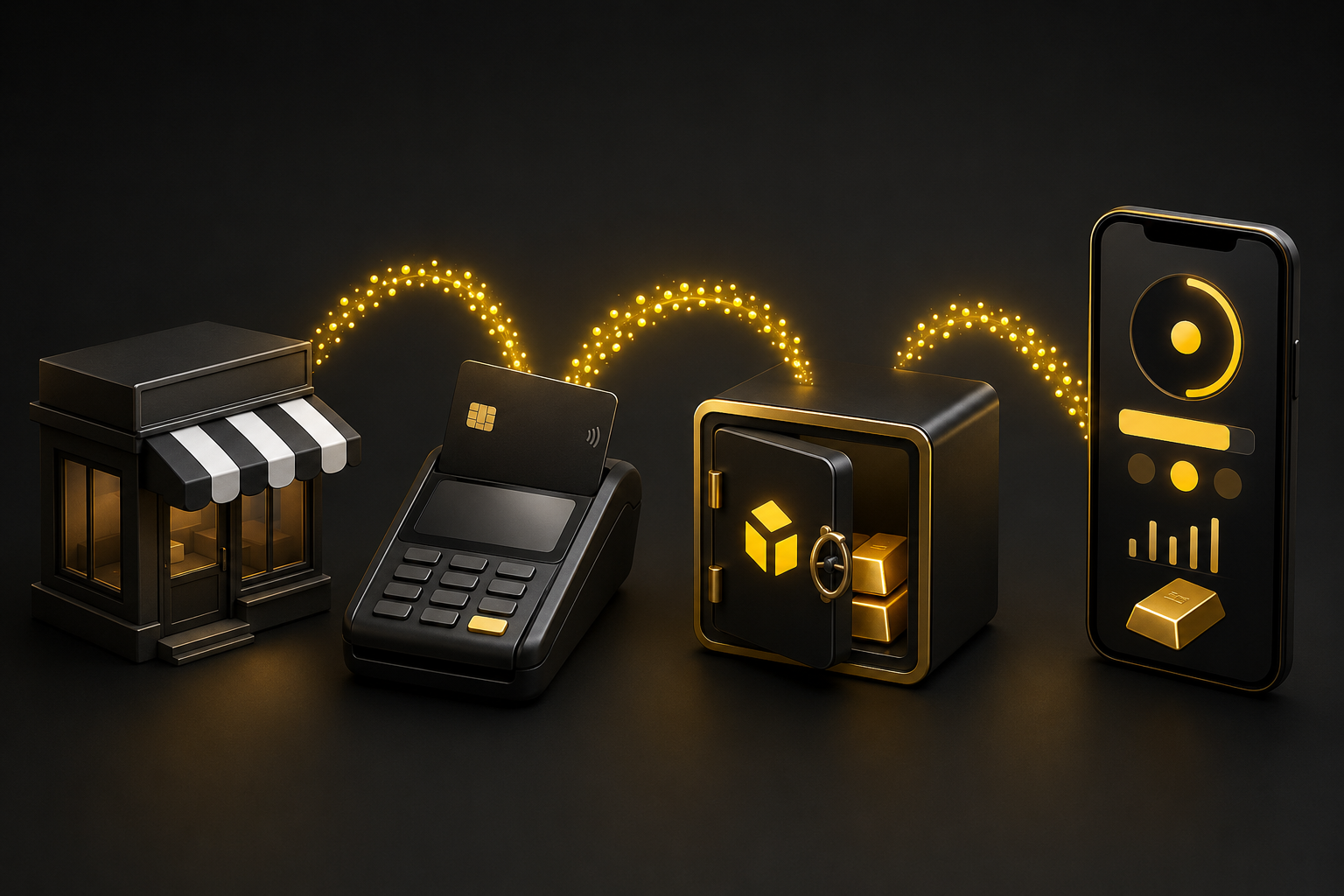 A shop checkout sending a reward into a gold vault and customer wallet
