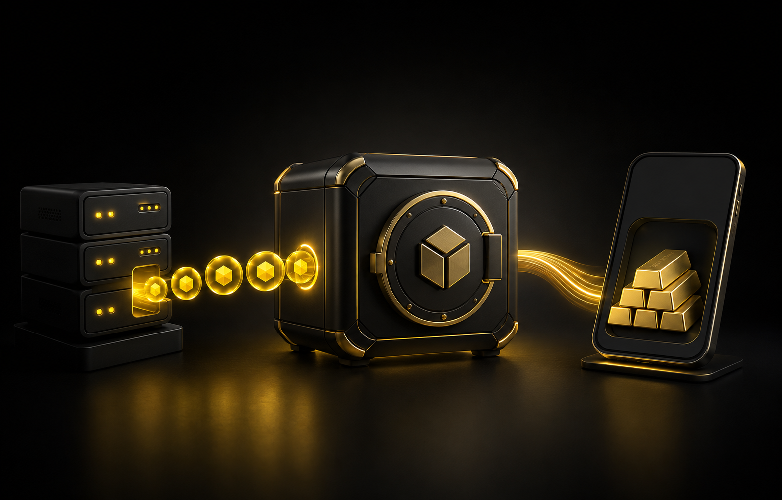 A loyalty platform sending reward value through a gold vault to a customer wallet